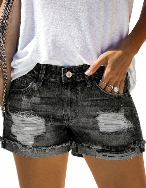 Load image into Gallery viewer, Women&#39;s Distressed Ripped Rolled Hem Blue Denim Shorts - La Bogota

