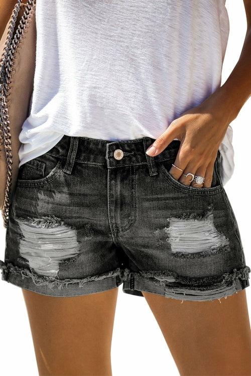Women's Distressed Ripped Rolled Hem Blue Denim Shorts - La Bogota