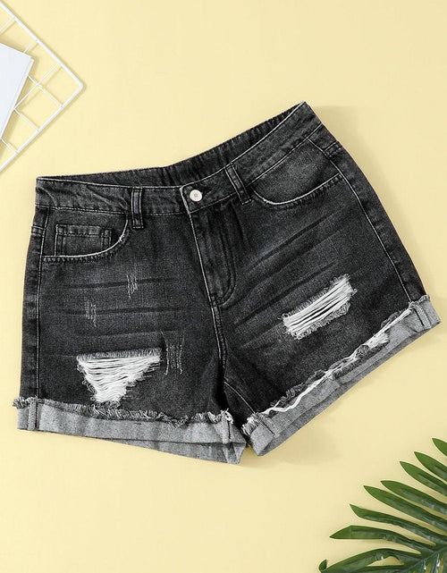 Load image into Gallery viewer, Women&#39;s Distressed Ripped Rolled Hem Blue Denim Shorts - La Bogota
