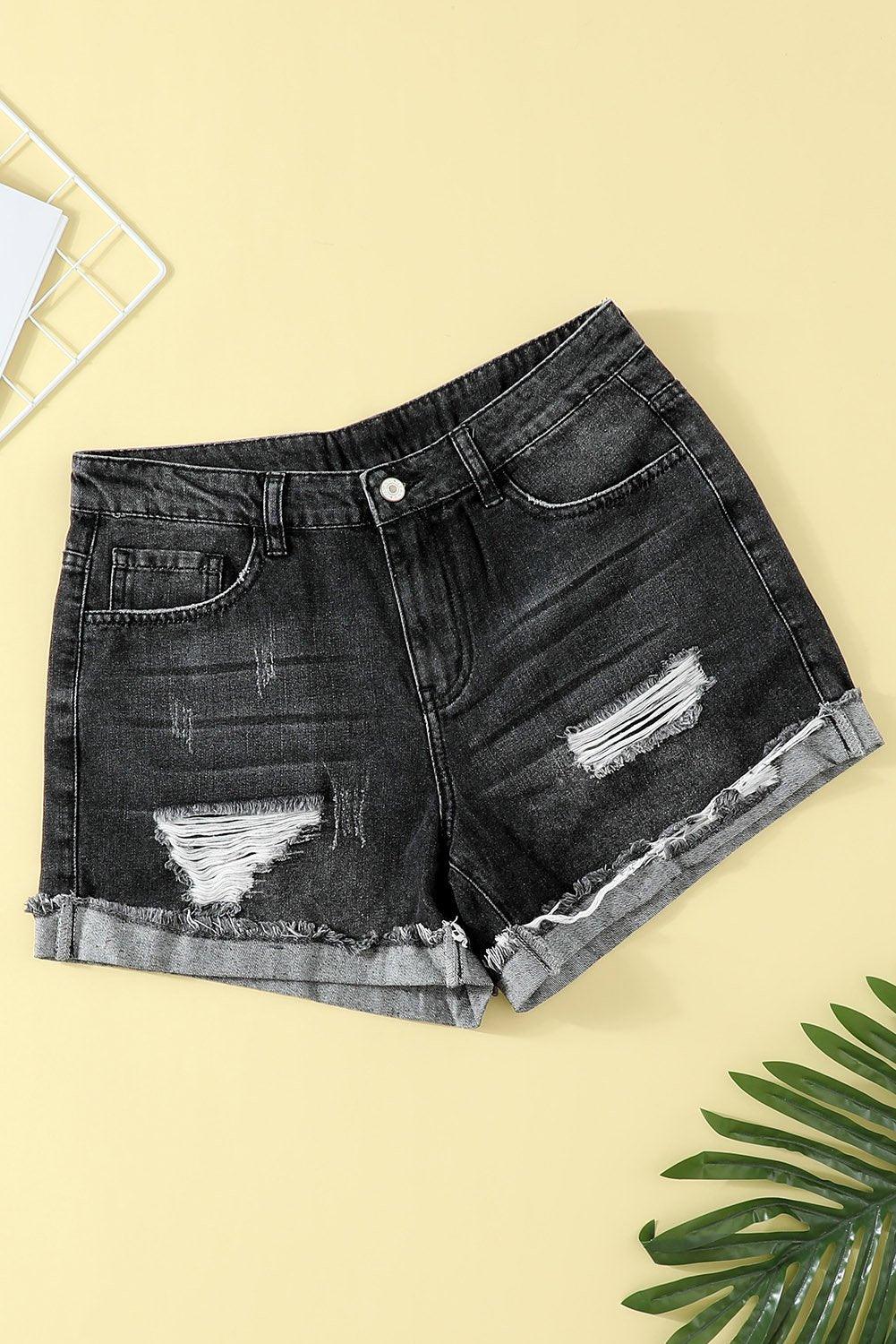 Women's Distressed Ripped Rolled Hem Blue Denim Shorts - La Bogota