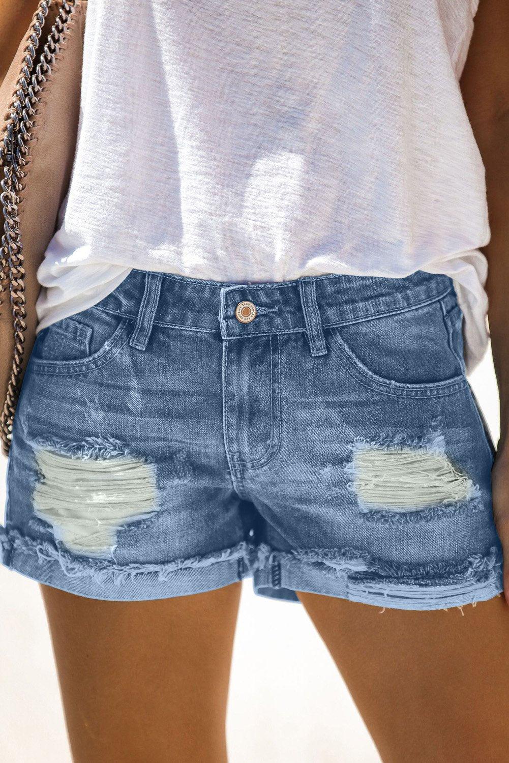 Women's Distressed Ripped Rolled Hem Blue Denim Shorts - La Bogota