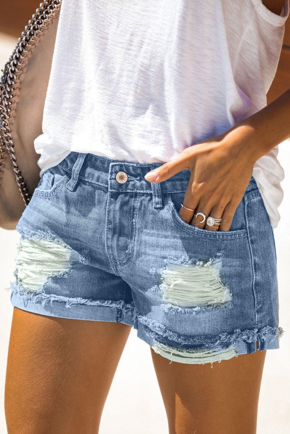 Women's Distressed Ripped Rolled Hem Blue Denim Shorts - La Bogota