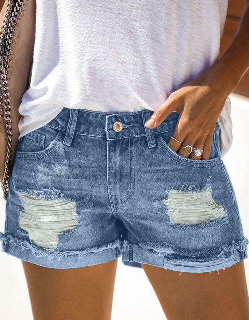 Load image into Gallery viewer, Women&#39;s Distressed Ripped Rolled Hem Blue Denim Shorts - La Bogota
