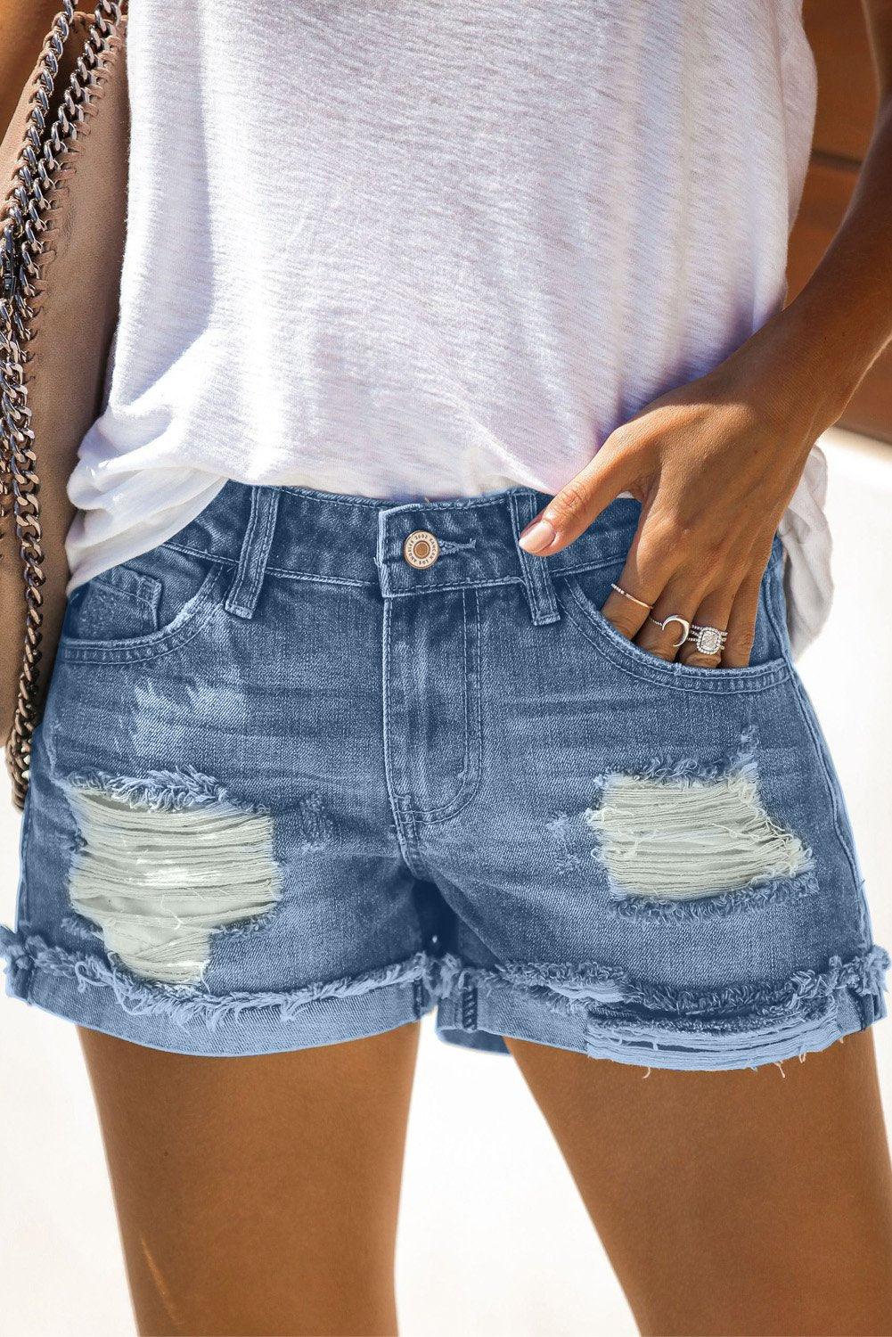 Women's Distressed Ripped Rolled Hem Blue Denim Shorts - La Bogota