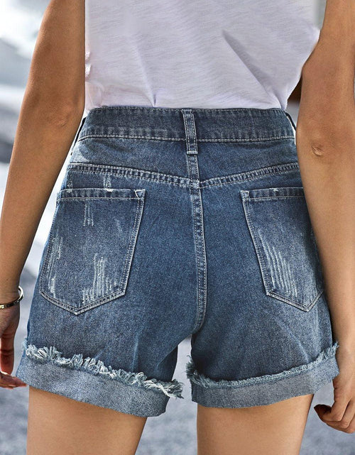 Load image into Gallery viewer, Women&#39;s Distressed Ripped Rolled Hem Blue Denim Shorts - La Bogota
