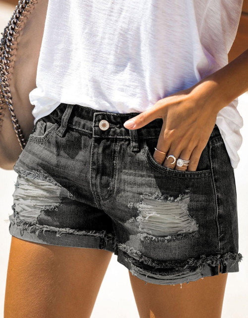Load image into Gallery viewer, Women&#39;s Distressed Ripped Rolled Hem Blue Denim Shorts - La Bogota
