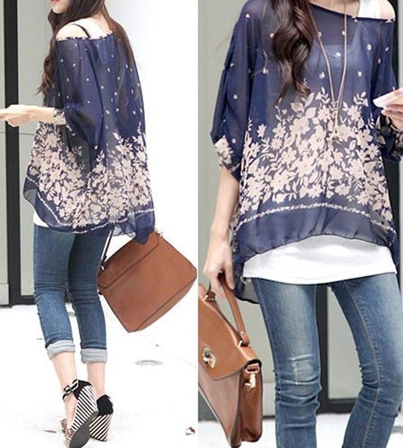 Womens Loose Fit Navy Batwing Tunic - La Bogota