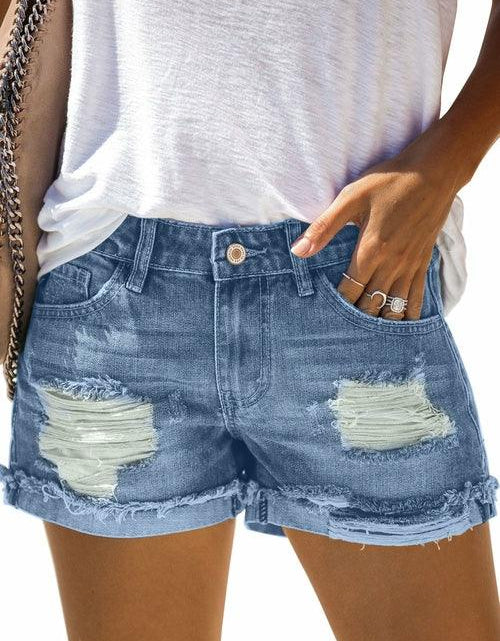 Load image into Gallery viewer, Women&#39;s Distressed Ripped Rolled Hem Blue Denim Shorts - La Bogota
