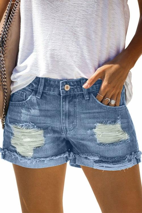 Women's Distressed Ripped Rolled Hem Blue Denim Shorts - La Bogota