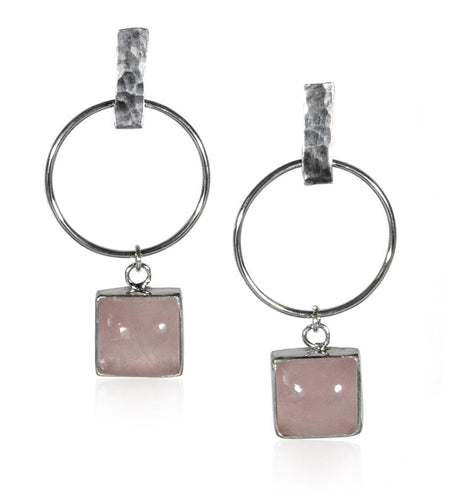 Hammered Geometric Hoop and Rose Charm Sterling Silver Earrings - La Bogota