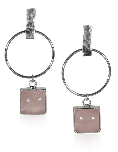 Load image into Gallery viewer, Hammered Geometric Hoop and Rose Charm Sterling Silver Earrings - La Bogota
