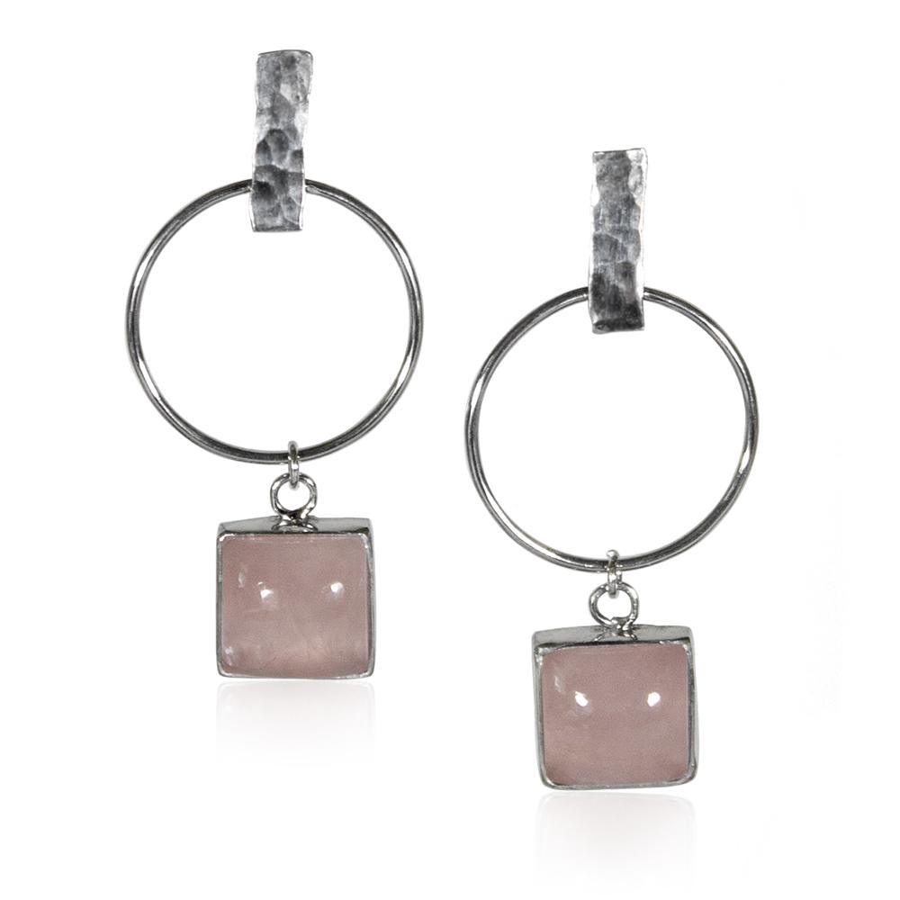 Hammered Geometric Hoop and Rose Charm Sterling Silver Earrings - La Bogota