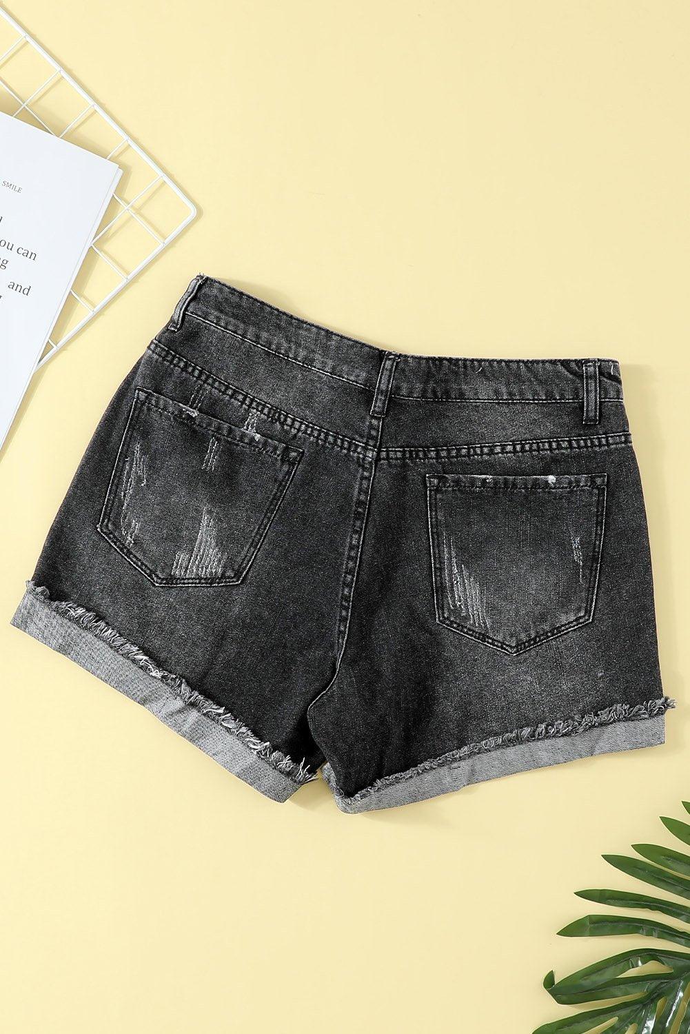 Women's Distressed Ripped Rolled Hem Blue Denim Shorts - La Bogota